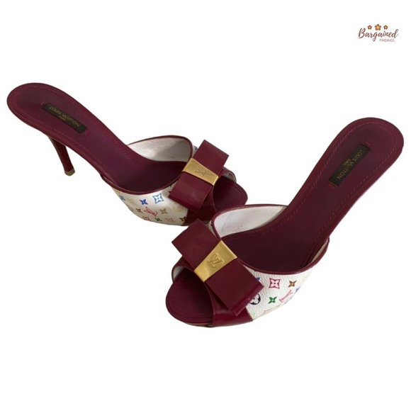 Authentic Louis Vuitton Purple Patent Leather White Monogram Peep Toe Slides 8.5 - Picture 1 of 15